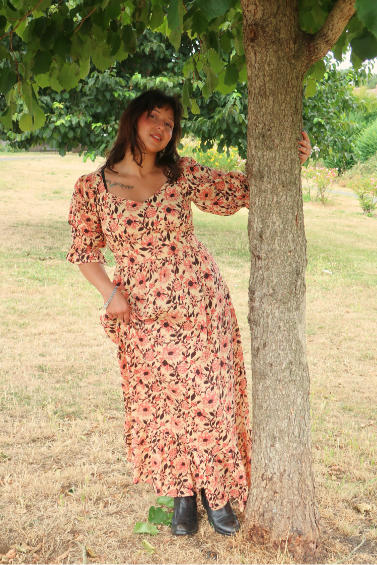 Carmen Maxi Dress in Dusky Vintage Sunflowers