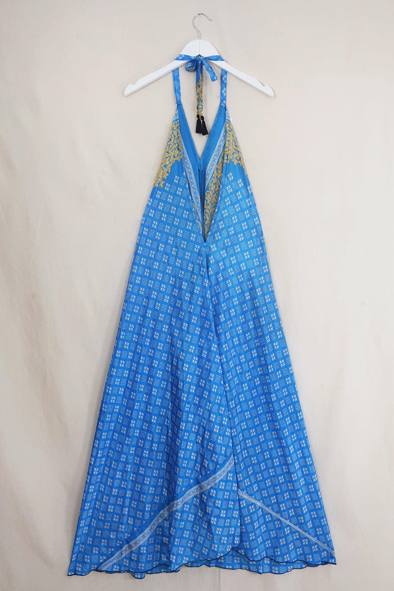 Athena Maxi Dress - Vintage Sari - Sky Blue & Gold - Free Size S/M by All About Audrey