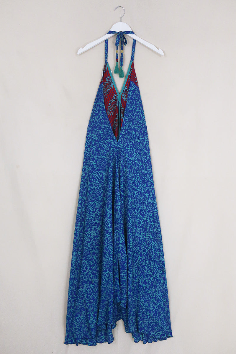 Athena Maxi Dress - Vintage Sari - Aqua & Rose Red Floral - Free Size M/L by All About Audrey