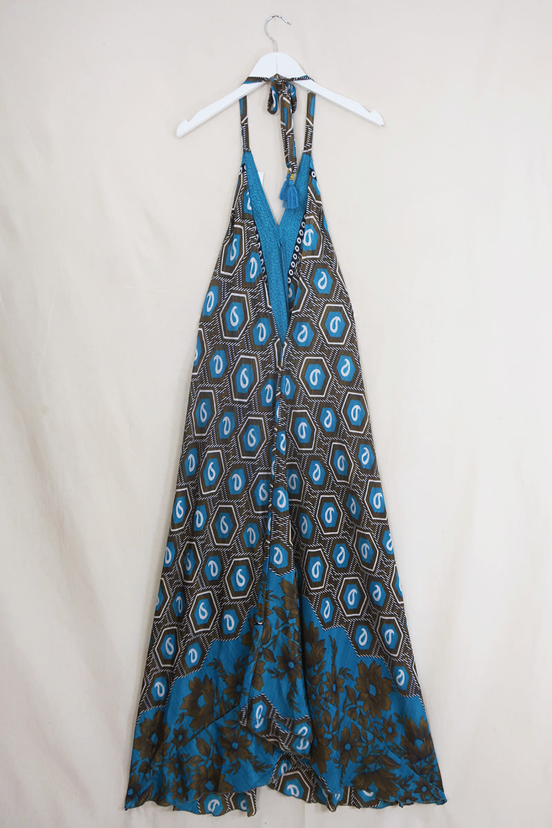 Athena Maxi Dress - Vintage Sari - Turquoise & Tiger Eye Paisley - Free Size S/M