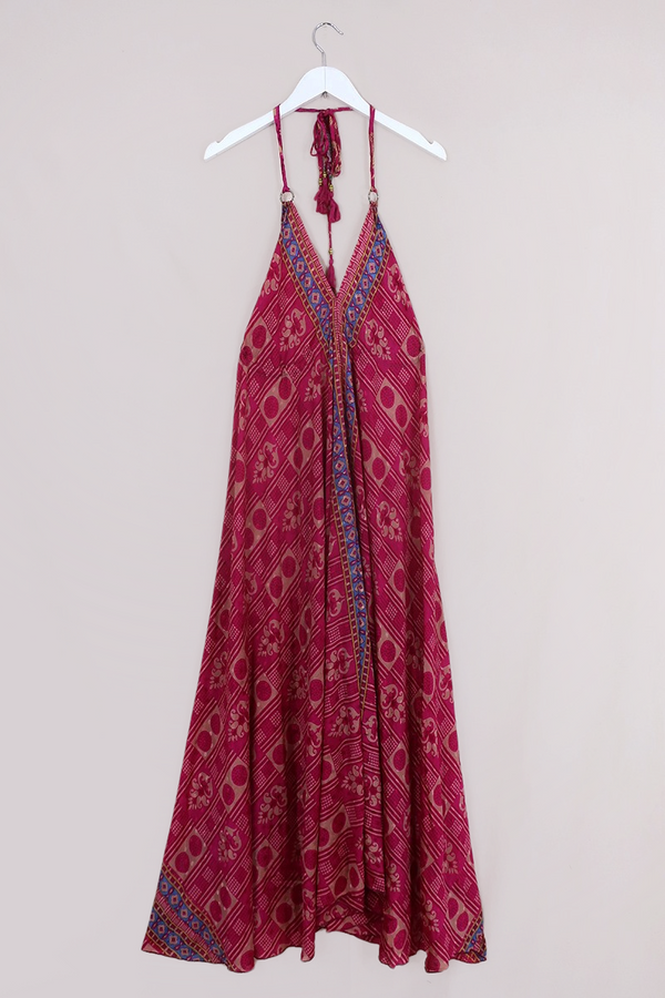 Eden Halter Maxi Dress - Vintage Sari - Cerise & Champagne Tiles - Free Size S - M/L by All About Audrey