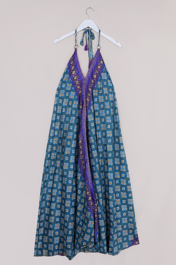 Eden Halter Maxi Dress - Vintage Sari - Marine Blue & Bronze Mosaic - Free Size S - M/L by All About Audrey