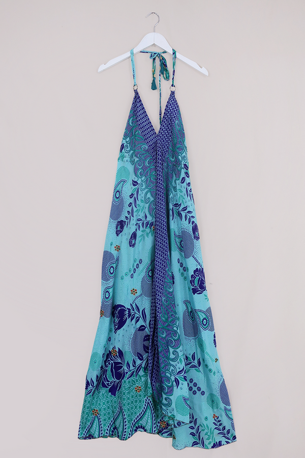 Eden Halter Maxi Dress - Vintage Sari - Embellished Crystal Blue Floral  - Free Size S - M/L by All About Audrey