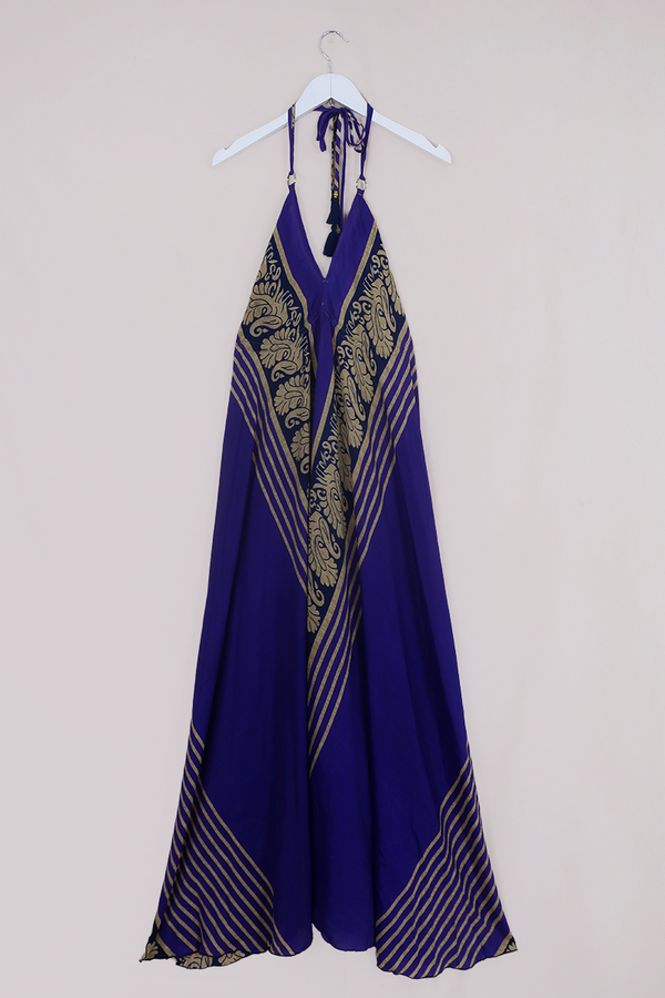 Eden Halter Maxi Dress - Vintage Sari - Purple Violet Peacocks - Free Size S - L by All About Audrey