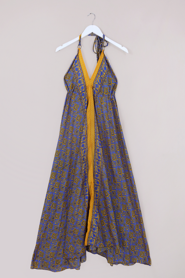 SALE | Eden Halter Maxi Dress - Vintage Sari - Lemon Yellow & Mauve Mosaic - Free Size S - L by All About Audrey