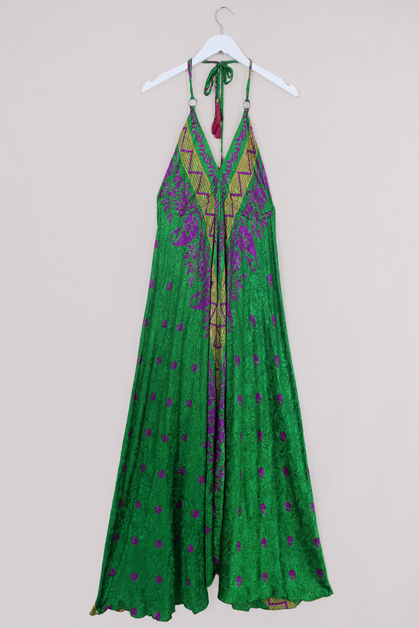 Eden Halter Maxi Dress - Vintage Sari - Emerald Green & Plum Mosaic - Free Size S - L by All About Audrey