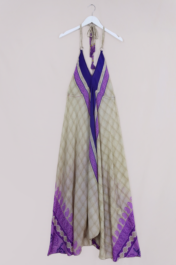 Eden Halter Maxi Dress - Vintage Sari - Amethyst & Ivory Stripe - Free Size S to L by All About Audrey