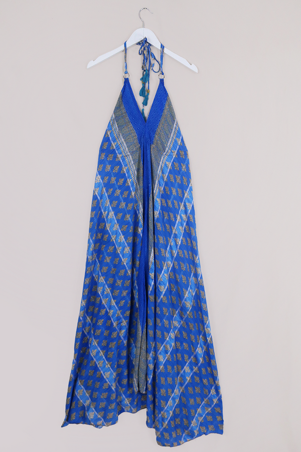 Eden Halter Maxi Dress - Vintage Sari - Cornflower Blue Buds - Free Size S - L by All About Audrey