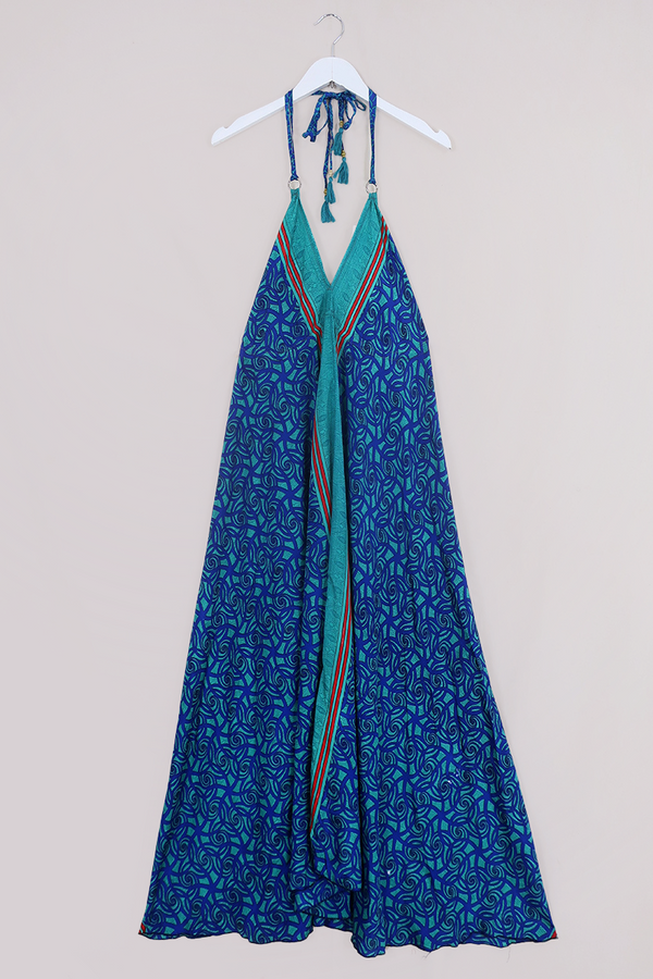 Eden Halter Maxi Dress - Vintage Sari - Spearmint & Sapphire Swirls - Free Size S - M/L by All About Audrey