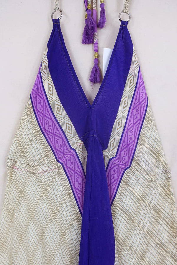 Eden Halter Maxi Dress - Vintage Sari - Amethyst & Ivory Stripe - Free Size S to L