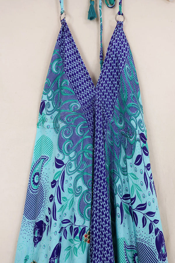 Eden Halter Maxi Dress - Vintage Sari - Embellished Crystal Blue Floral - Free Size S - M/L by All About Audrey