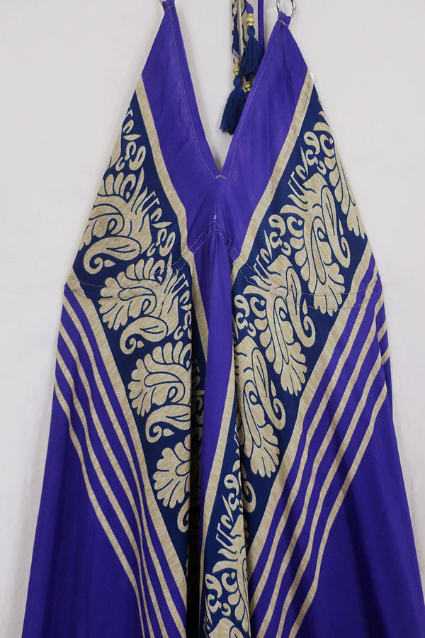 Eden Halter Maxi Dress - Vintage Sari - Purple Violet Peacocks - Free Size S - L by All About Audrey
