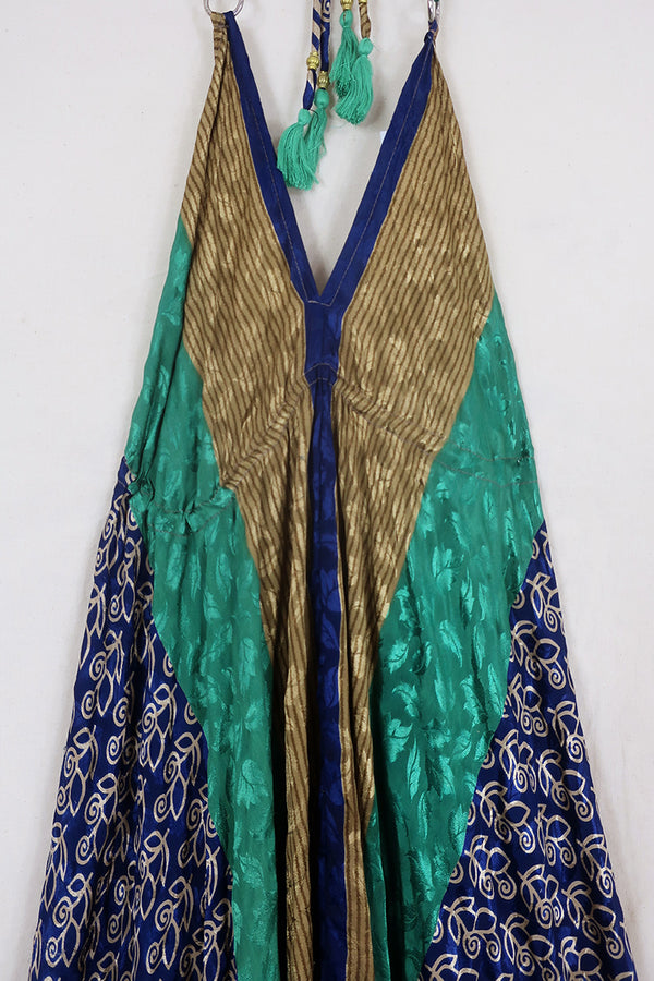 Eden Halter Maxi Dress - Vintage Sari - Lagoon Green & Indigo Posies - Free Size S - M by All About Audrey
