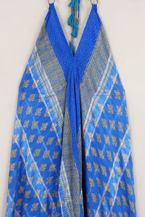 Eden Halter Maxi Dress - Vintage Sari - Cornflower Blue Buds - Free Size S - L by All About Audrey