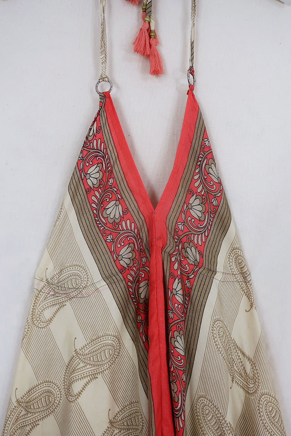 SALE | Eden Halter Maxi Dress - Vintage Sari - Ecru & Coral Quartz Paisley - Free Size S - M By All About Audrey