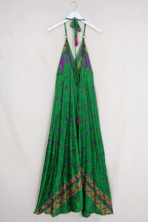Eden Halter Maxi Dress - Vintage Sari - Emerald Green & Plum Mosaic - Free Size S - L by All About Audrey