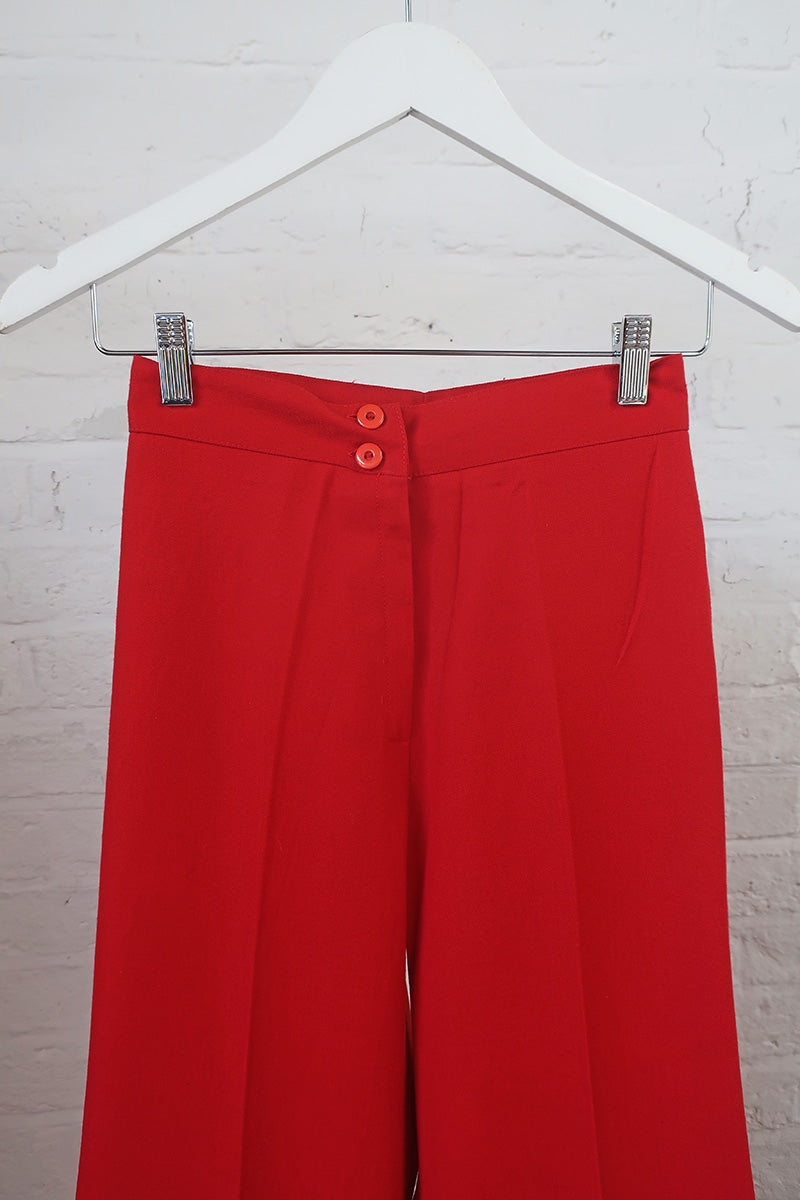Vintage Trousers - Rockstar Red Wide Leg Flares - W24 L31 By All About Audrey