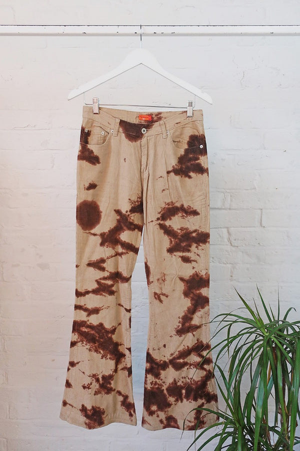 Vintage Trousers -  Beige & Burgundy Wine Tie Dye Flares - W30 L32 By All About Audrey