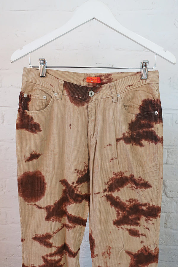 Vintage Trousers - Beige & Burgundy Wine Tie Dye Flares - W30 L32 By All About Audrey
