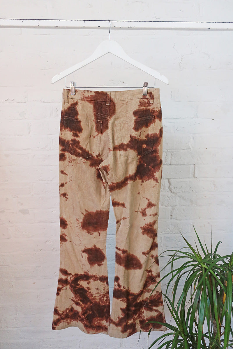 Vintage Trousers - Beige & Burgundy Wine Tie Dye Flares - W30 L32 By All About Audrey