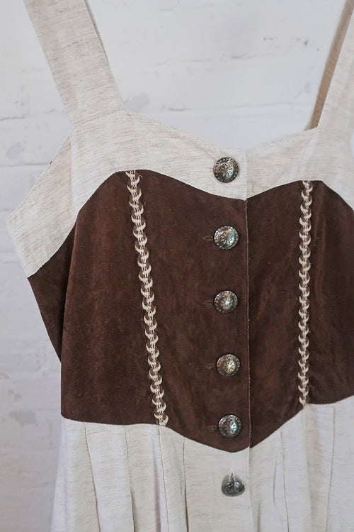 Vintage Pinafore Dress - Peppered Oak Prairie Brown All About Audrey Vintage Boutique Vintage Pinafore Dress - Peppered Oak Prairie Brown All About Audrey Vintage Boutique