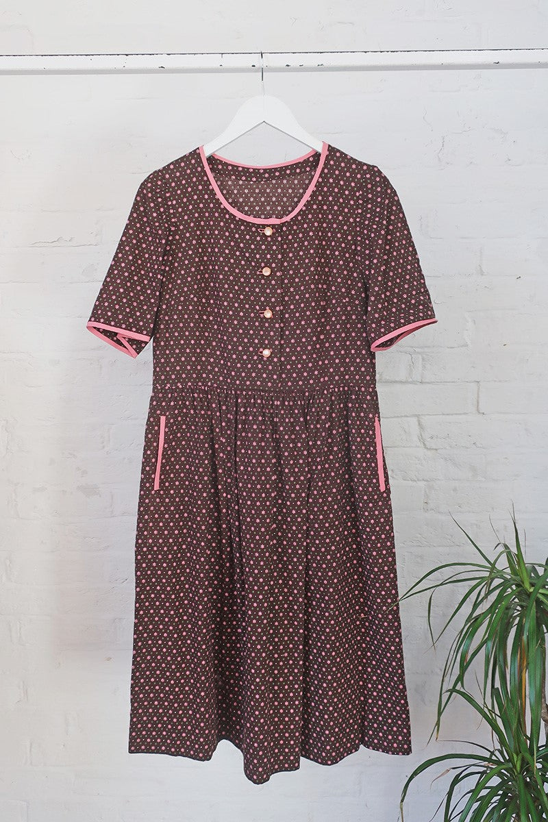 Vintage Midi Dress - Woody Brown & Cherry Blossom Pink Floral - Size S by all about audrey