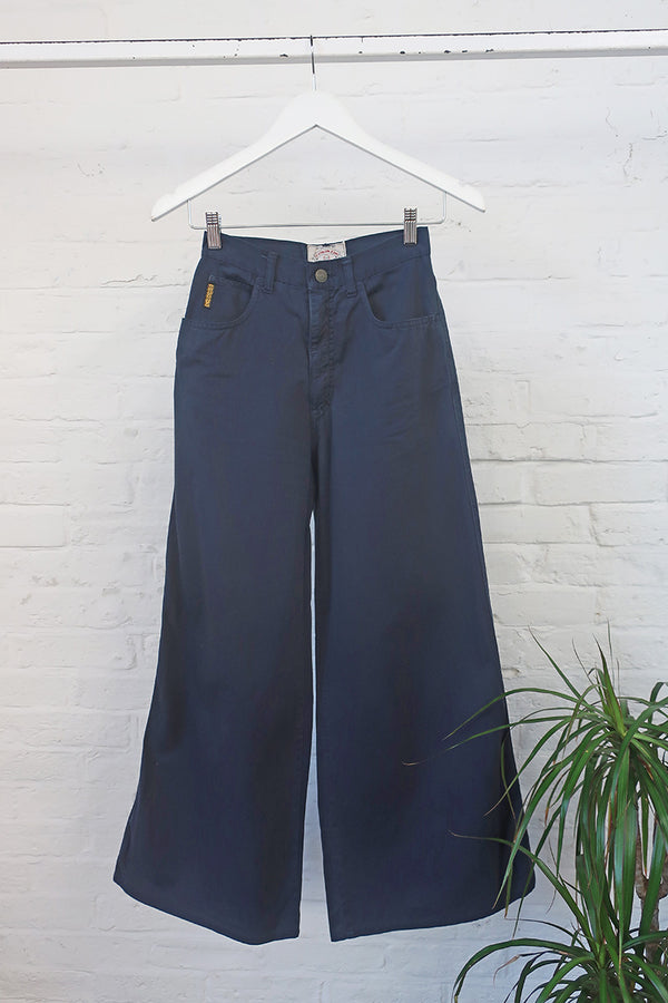 Vintage Trousers - Armani Blue Wide Leg Flares - W24 L28 By All About Audrey