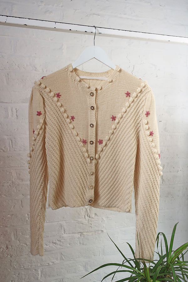 Vintage Knitwear - Pompom Meadows Cream Cardigan - Size XS by all about audrey