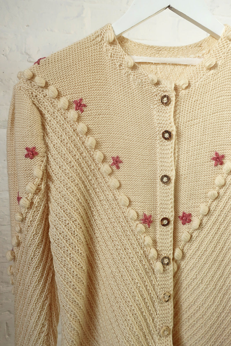 Vintage Knitwear - Pompom Meadows Cream Cardigan - Size XS by all about audrey