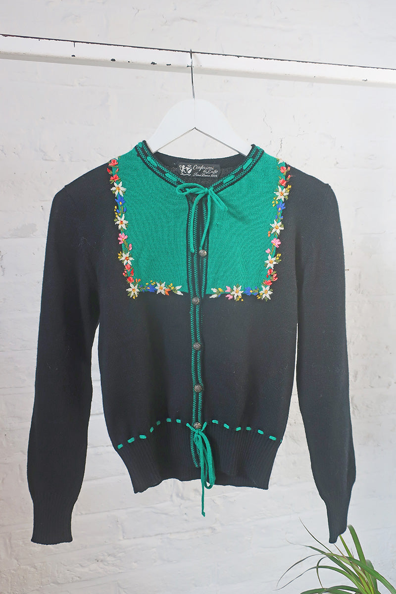 Vintage Knitwear - Black Cardigan with Flower Crown Embroidery - Size S by all about audrey