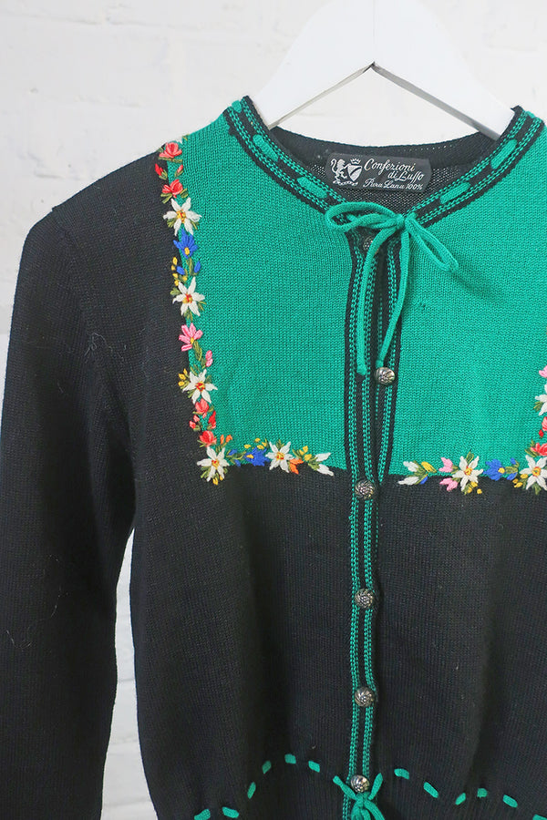 Vintage Knitwear - Black Cardigan with Flower Crown Embroidery - Size S by all about audrey