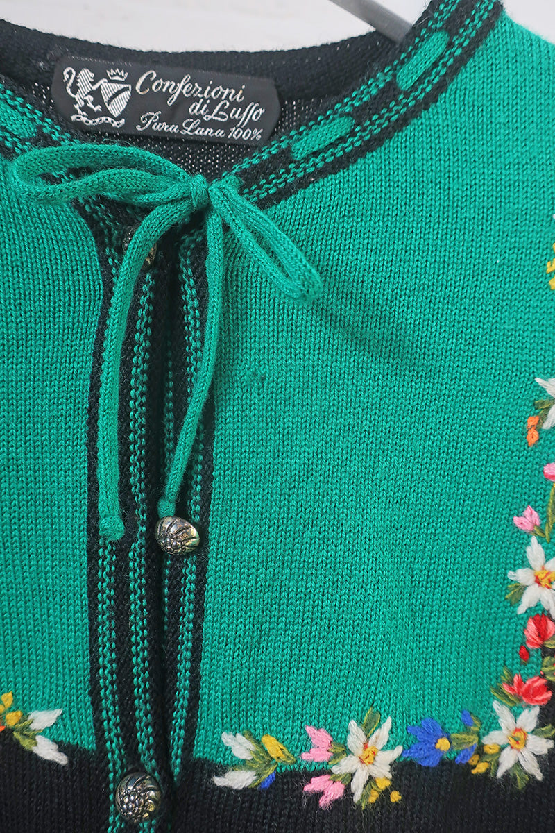 Vintage Knitwear - Black Cardigan with Flower Crown Embroidery - Size S by all about audrey