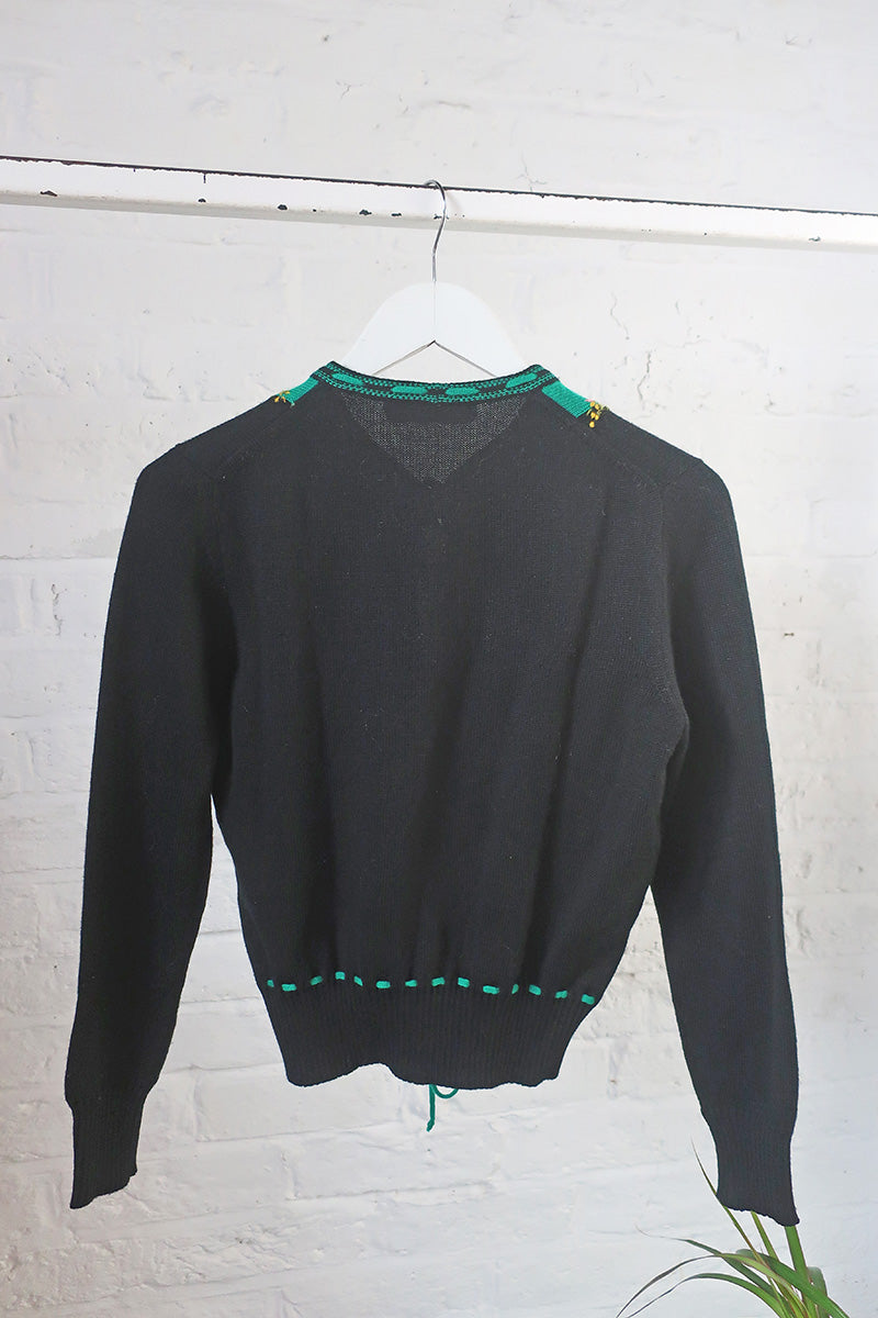 Vintage Knitwear - Black Cardigan with Flower Crown Embroidery - Size S by all about audrey