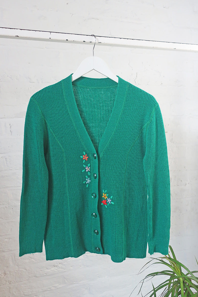 Vintage Knitwear - Dappled Green Winter Flowers Cardigan - Size M by all about audrey