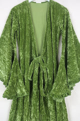 Front flat lay of our Khroma Venus Maxi Dress in Elven Green Velvet tied at the front like a kimono by All About Audrey