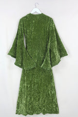 Back flat lay of our Khroma Venus Maxi Dress in Elven Green Velvet tied at the front like a kimono by All About Audrey