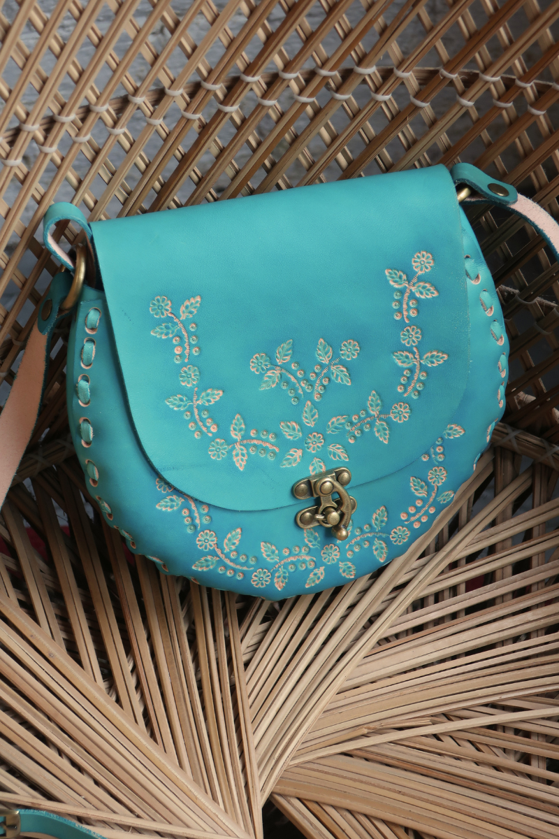 Jemima Embossed Saddle Bag in Aquamarine Blue