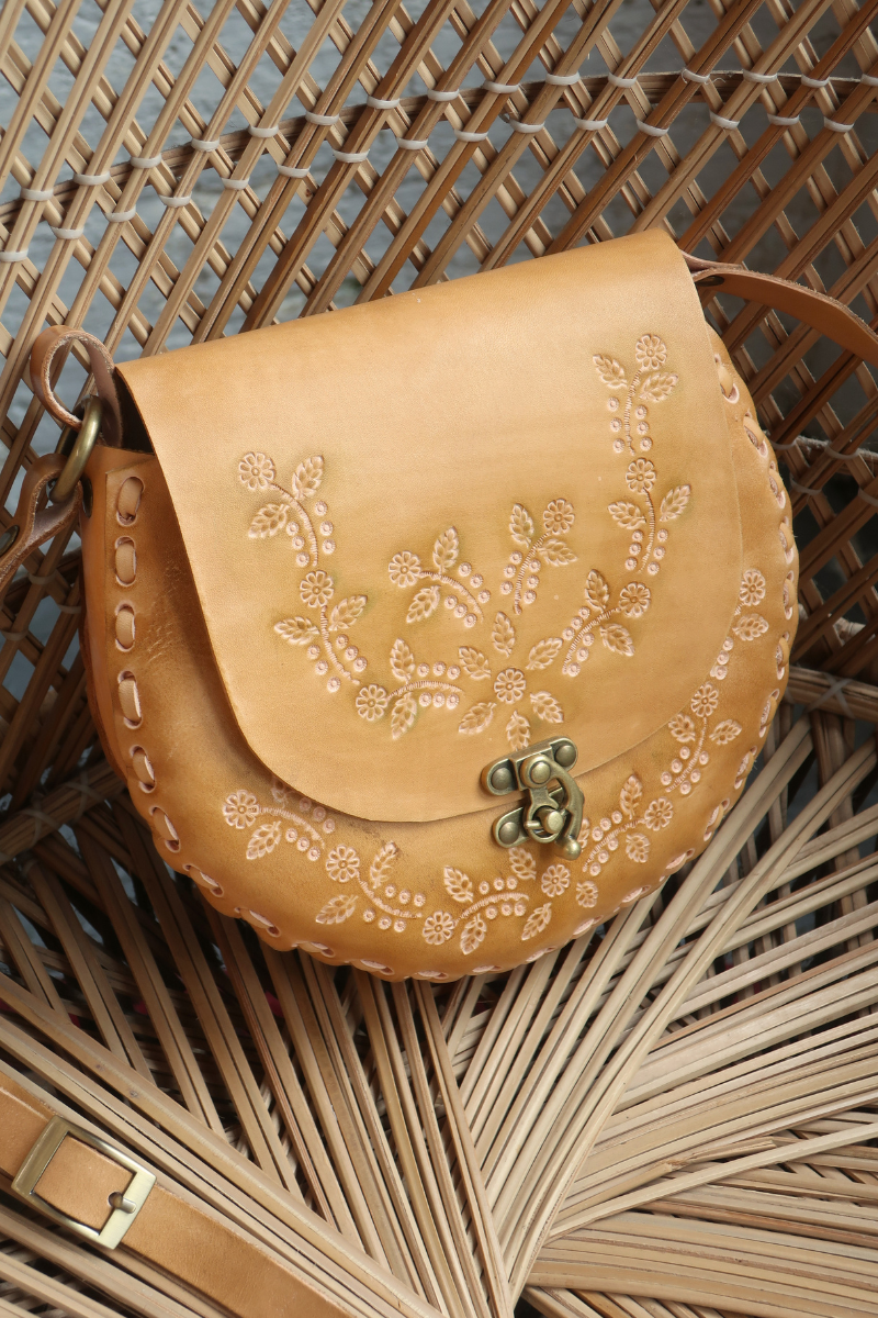 Jemima Embossed Saddle Bag in Fawn Beige