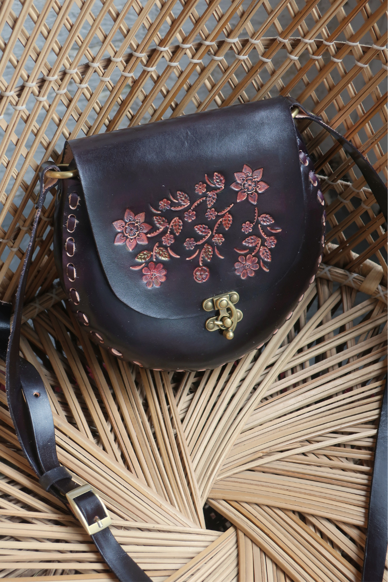 Jemima Embossed Saddle Bag in Black Orchid
