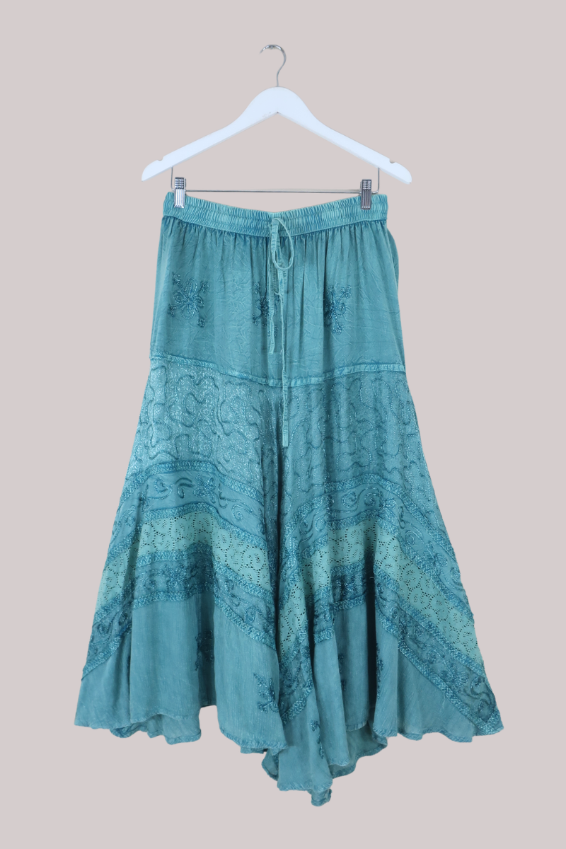 Embroidered A-Line Maxi Skirt in Calypso Blue