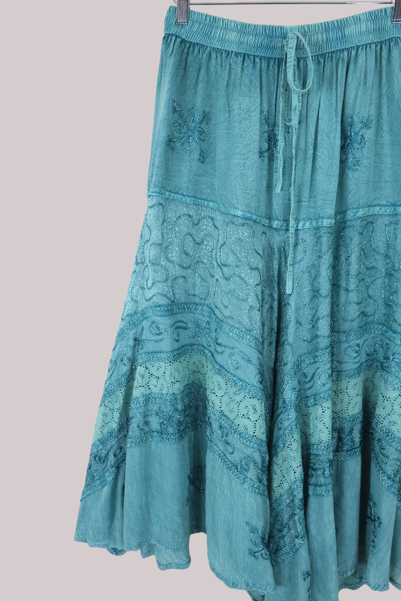 Embroidered A-Line Maxi Skirt in Calypso Blue