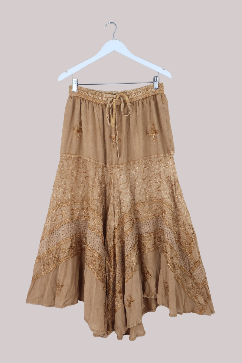 Embroidered A-Line Maxi Skirt in Honey Gold