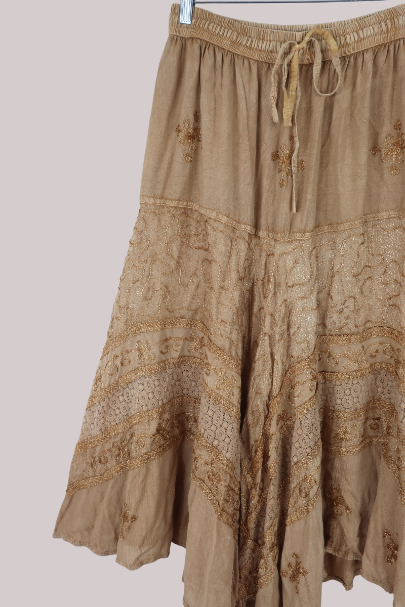 Embroidered A-Line Maxi Skirt in Honey Gold