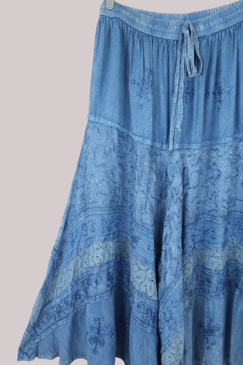 Embroidered A-Line Maxi Skirt in Hydrangea Blue