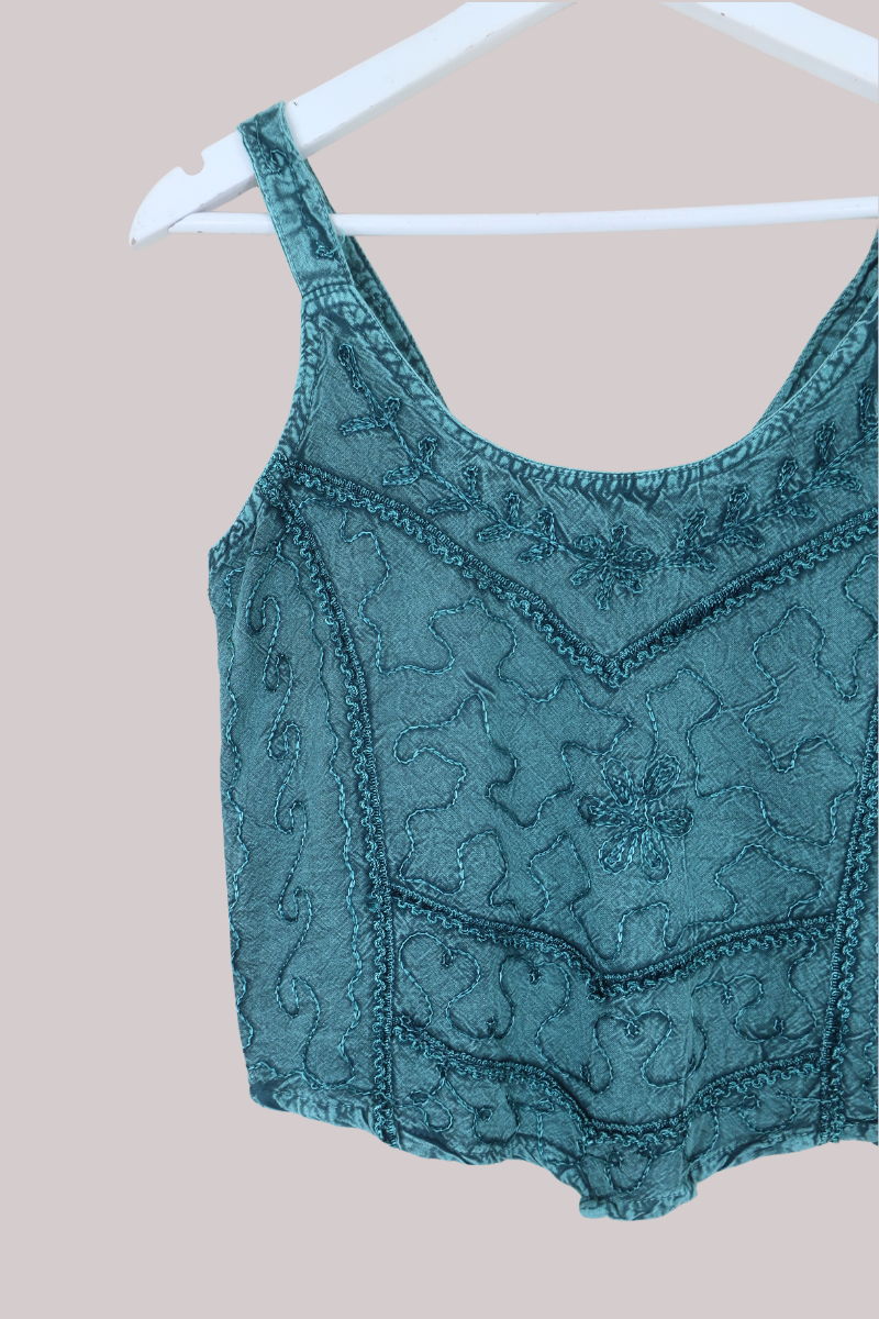 Embroidered Handkerchief Top in Calypso Blue