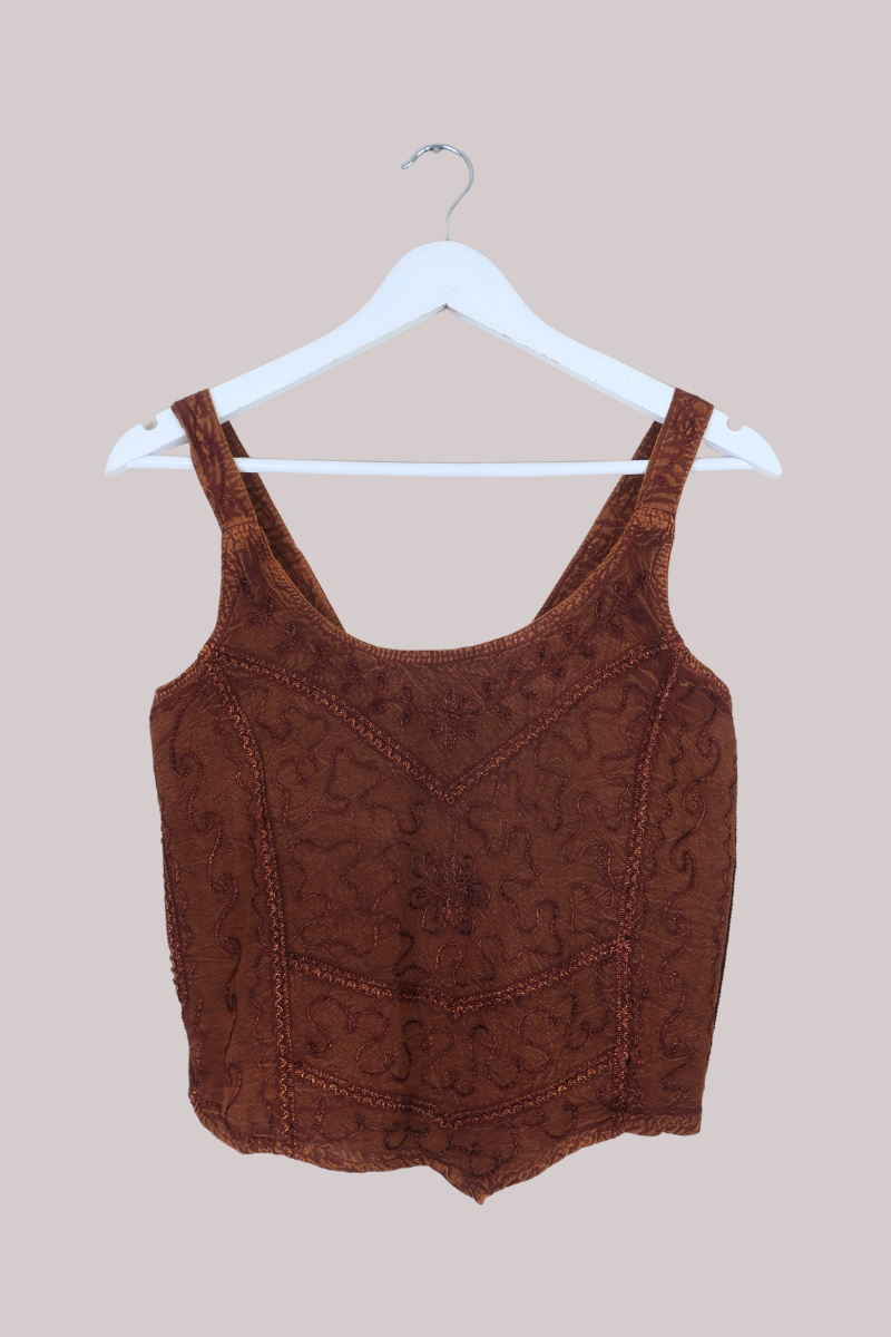 Embroidered Handkerchief Top in Hazelnut Brown