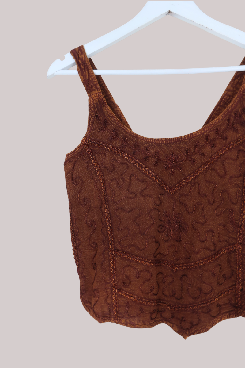 Embroidered Handkerchief Top in Hazelnut Brown