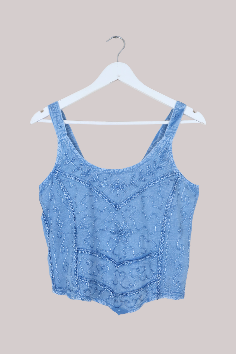 Embroidered Handkerchief Top in Hydrangea Blue