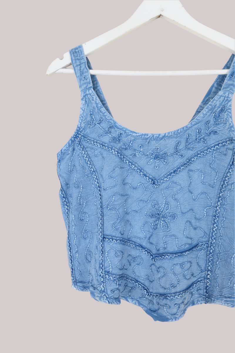 Embroidered Handkerchief Top in Hydrangea Blue