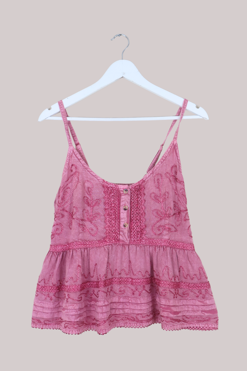 Embroidered Peplum Cami Top in Berry Pink